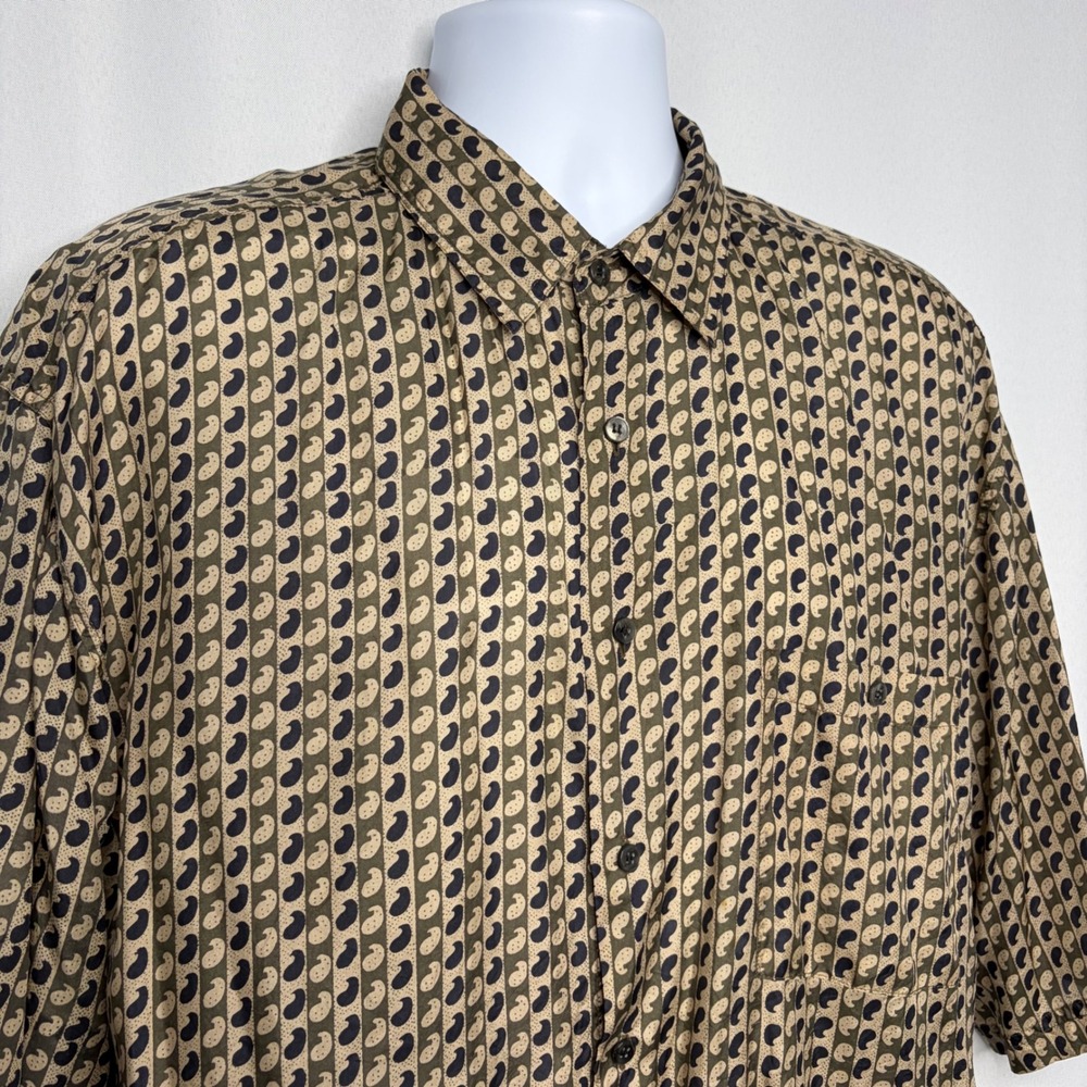 Bruno B Mens Lrg Silk Short Sleeve Button Up Shirt Olive Paisley Italian Design